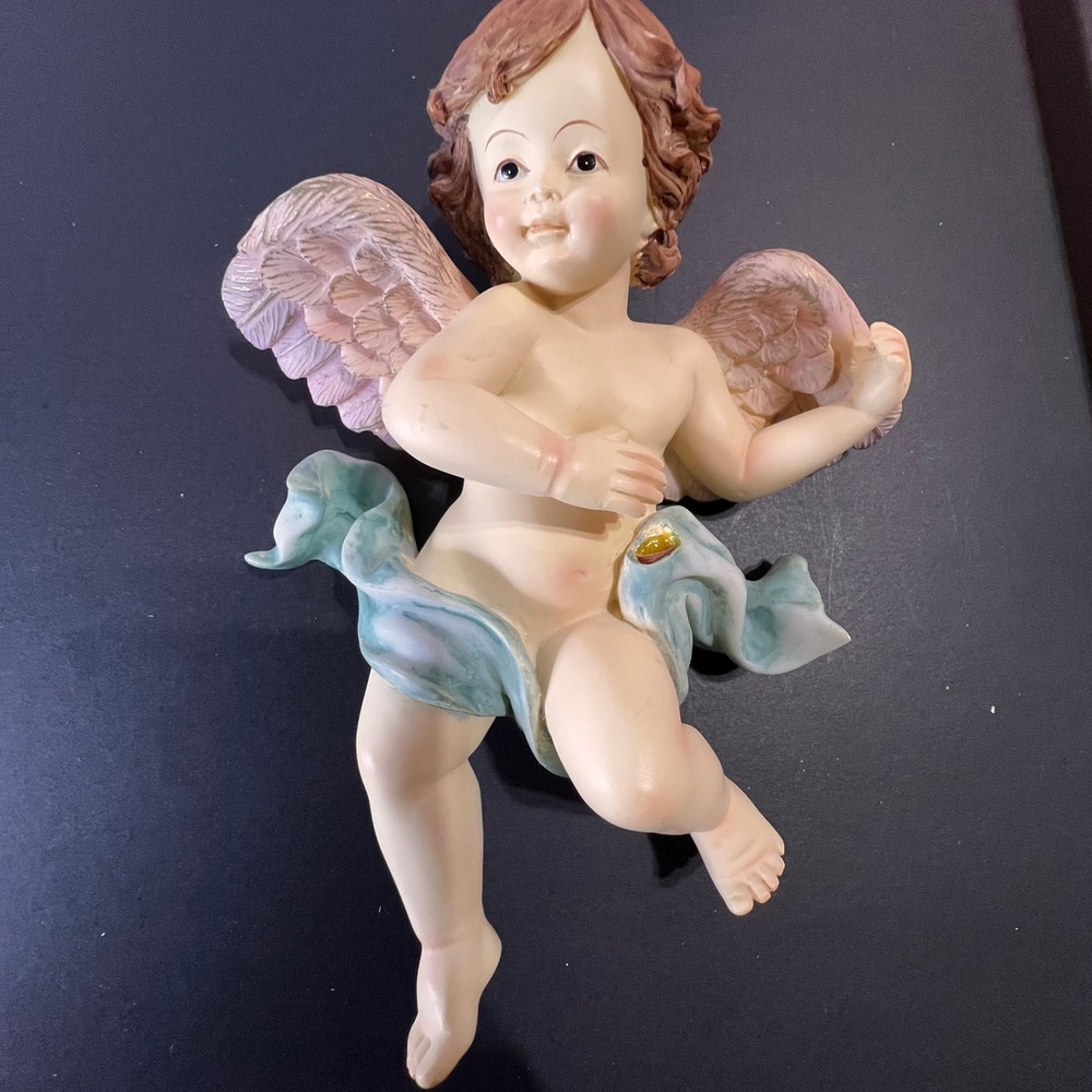 Unbranded 7.5in Cherub Wall Hanging Angel Figurine Blue Pink Fair Vintage Style